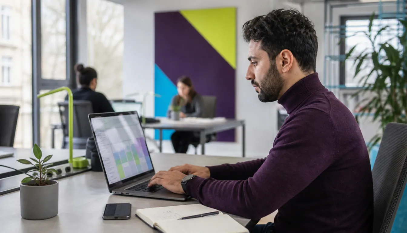 Berufstätiger übt digitale Arbeitsabläufe an einem Laptop