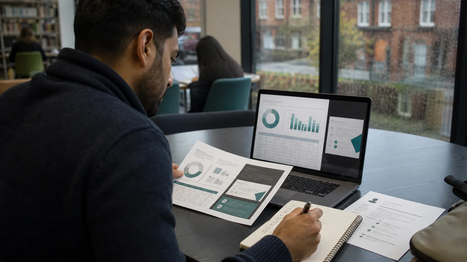 A professional assembling a digital portfolio sample in a UK library